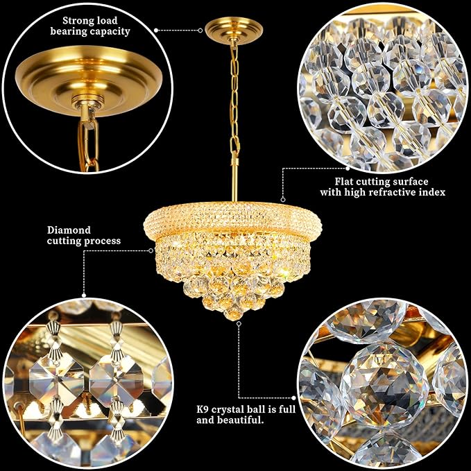 Crystal Chandeliers for Dining Room Light Fixture Over Table, Empire Style K9 Crystal Chandeliers for Bedroom, 4 Lights Gold Luxury Lighting Fixtures for Entryway Kitchen Island Foyer D15 Inch