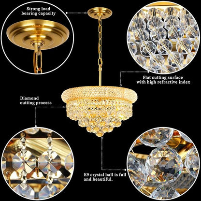 Crystal Chandeliers for Dining Room Light Fixture Over Table, Empire Style K9 Crystal Chandeliers for Bedroom, 4 Lights Gold Luxury Lighting Fixtures for Entryway Kitchen Island Foyer D15 Inch