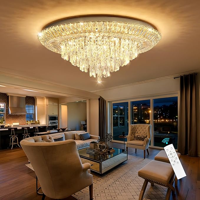 Modern Silver Crystal Chandelier LED Ceiling Light Fixture Raindrop Chandeliers Dimmable Lighting for Living Room Dining Room Entryway Bedroom