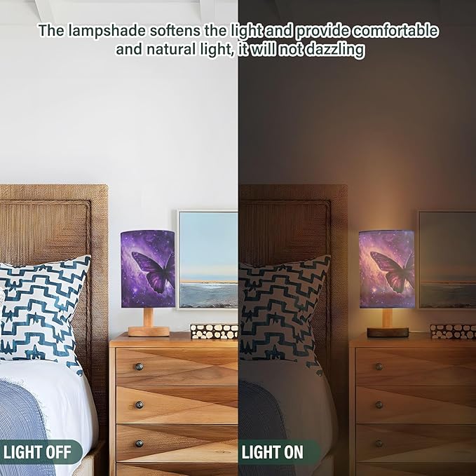 Bedside Table Lamp Butterfly Purple Galaxy Nightstand Lamp with Wood Desk Lamps for Bedroom Living Room Nursery Office Home Decor