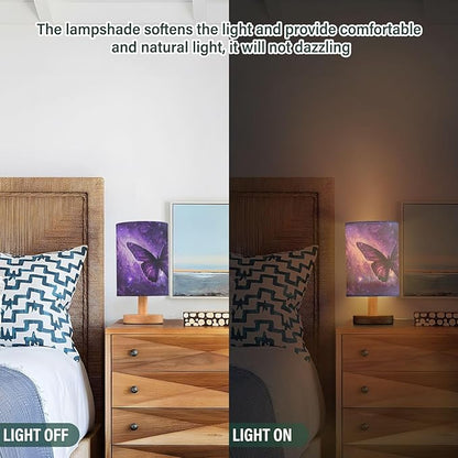 Bedside Table Lamp Butterfly Purple Galaxy Nightstand Lamp with Wood Desk Lamps for Bedroom Living Room Nursery Office Home Decor