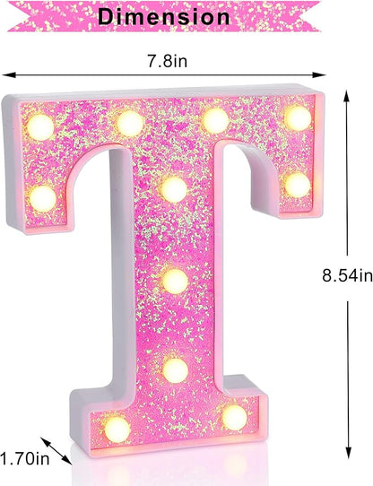 Foaky Pink Light up Letters，Pink Party Decorations,Girls Room Decor,Glitter Light Up Letters,Alphabet Letter Sign for Night Light Birthday Party Girls Gifts, Home Bar Decoration（T）