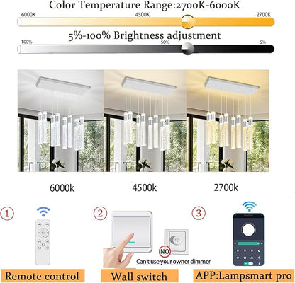 8-Lights Silver Hanging Pendant Light for Kitchen Island Modern Dimmable LED Crystal Chandeliers for Dining Room Bedroom Living Room Over Table Adjustable Height