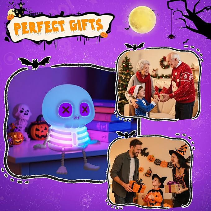 Skull Night Light, Cute Skeleton Lamp, Silicone LED Color Changing & Dimmable Helloween Room Summerween Party Decor, Squishy Rechargeable Bedside Nightlight for Christmas Birthday Gifts
