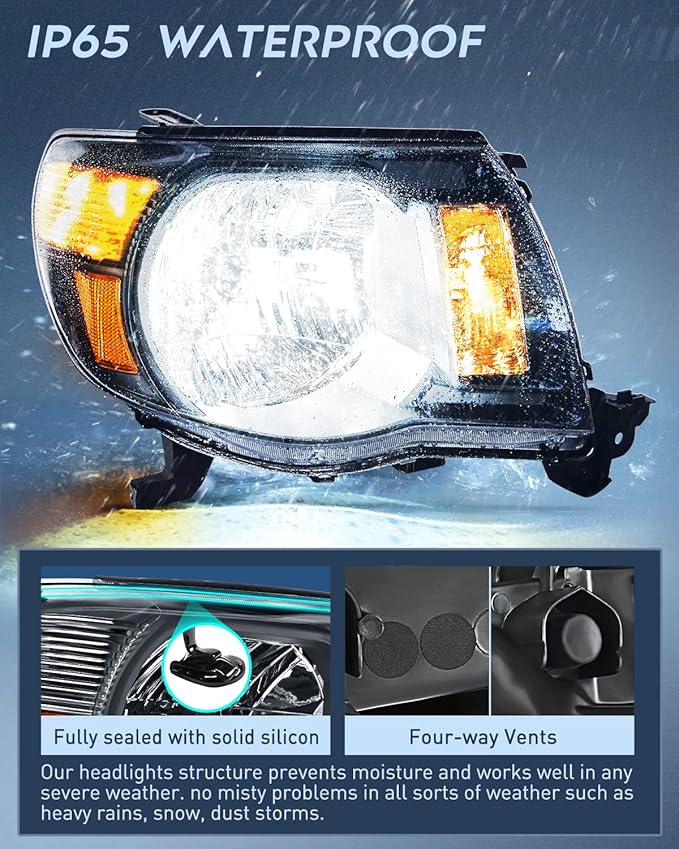 Nilight Headlight Assembly for 2005 2006 2007 2008 2009 2010 2011 Toyota Tacoma Replacement Headlamp Black Housing Amber Reflector