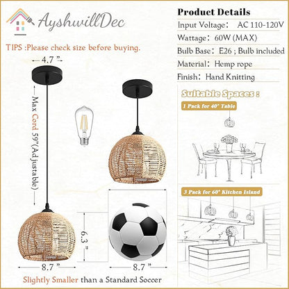 Mini Hemp Rope Woven Pendant Light Woven Light Fixture Boho Chandelier Light Fixture Wicker Pendant Light Rattan Light Pendant Dome Wicker Chandelier for Bedroom Kitchen Island(Bulb Incl.)