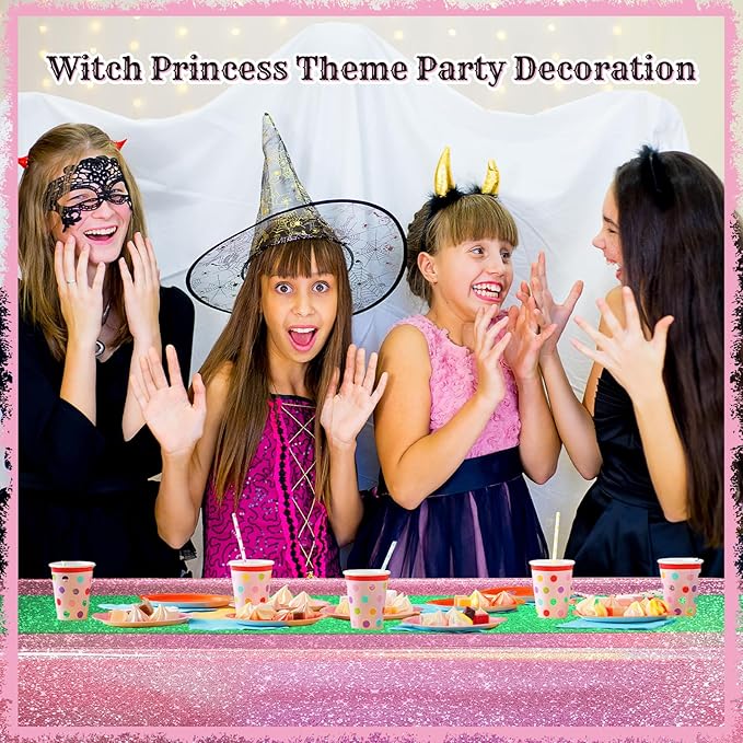 Oudain 2 Pcs Witch Princess Theme Party Pink & Green Holographic Party Tablecloth 54 x 108 Inch Plastic Rectangle Tablecloth Waterproof Table Cover for Witch Princess Theme Birthday Decoration