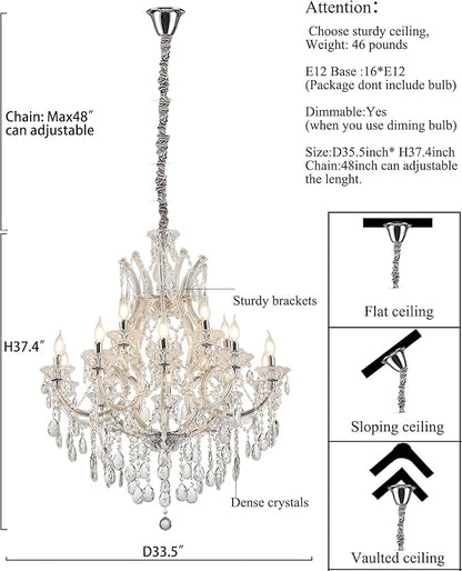Transparent Crystal Chandelier 16-Light Modern K9 Crystal Chandelier Light Fixtures 33.5in Luxurious Ceiling Hanging Light Fixtures for Living Room, Dinning Room Staircase Entryway(16 Lights 2-Tier)