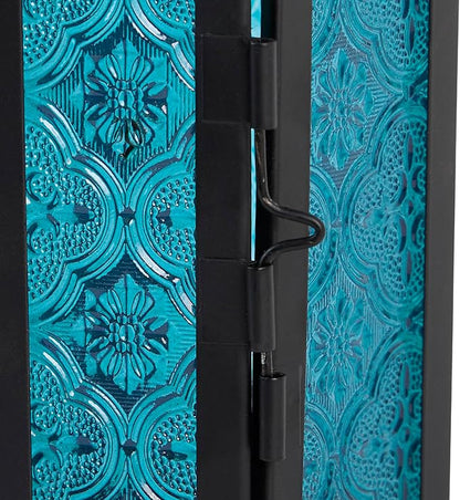 Zingz & Thingz Moroccan Style Candle Lantern Holder, Decorative Light Home Decor, Indoor & Outdoor, 13" Tall, Black with Blue Glass