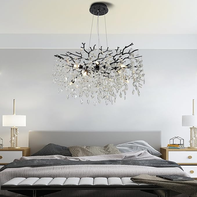 Modern Crystal Tree Branches Chandelier, 30in Black 10 Lights Large Ceiling Hanging Light for Dining Room, Round Raindrop Pendant Light Fixture