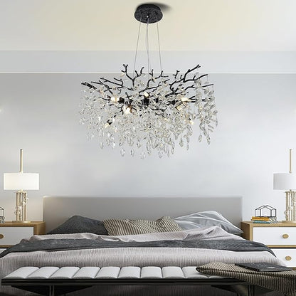 Modern Crystal Tree Branches Chandelier, 30in Black 10 Lights Large Ceiling Hanging Light for Dining Room, Round Raindrop Pendant Light Fixture