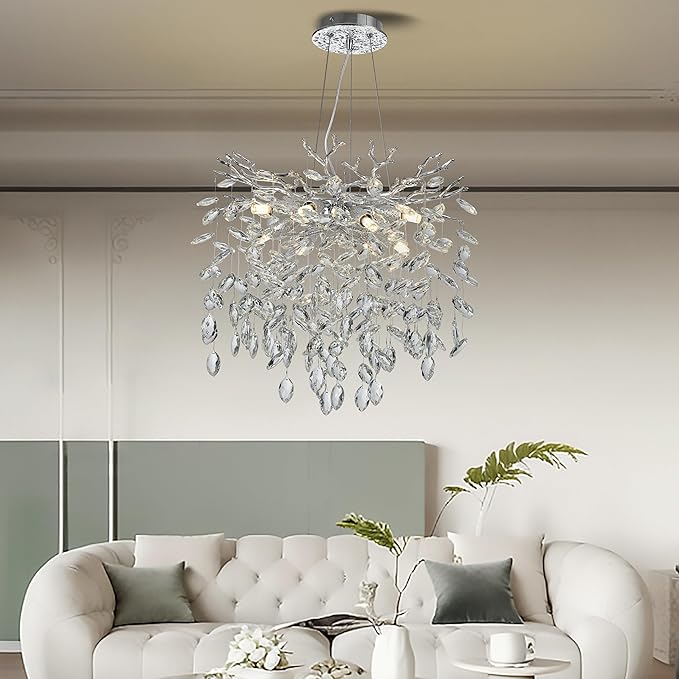 Modern Crystal Tree Branches Chandelier, 18in Silver 6 Lights Large Ceiling Hanging Light for Dining Room, Round Raindrop Pendant Light Fixture