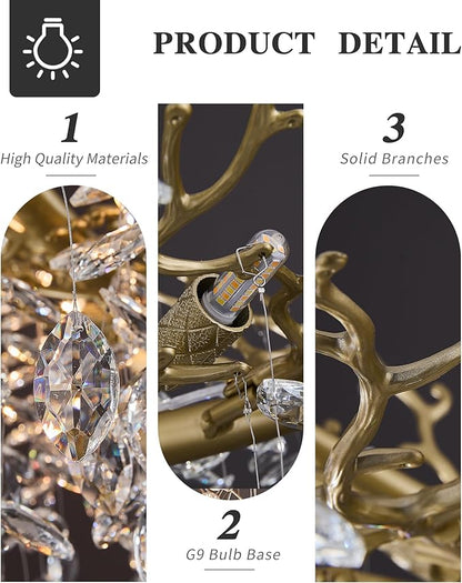 Modern Crystal Chandelier for Dining Room, 16-Light 55.12" Gold Tree Branch Chandeliers, Luxury K9 Crystal Rectangular Chandeliers for Kitchen Island Living Room