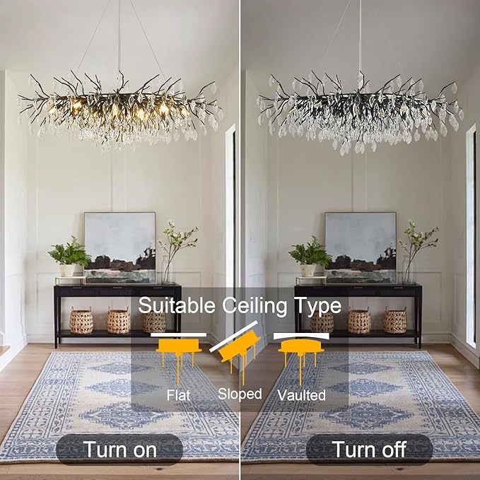 Large Crystal Chandeliers for Dining Room, L47.2" Black Tree Branch Rectangular Chandelier, Dining Room Light Fixture 13-Light High Ceiling Pendant Lights, Linear Chandeliers for Foyer, Living Room