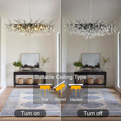 Large Crystal Chandeliers for Dining Room, L47.2" Black Tree Branch Rectangular Chandelier, Dining Room Light Fixture 13-Light High Ceiling Pendant Lights, Linear Chandeliers for Foyer, Living Room