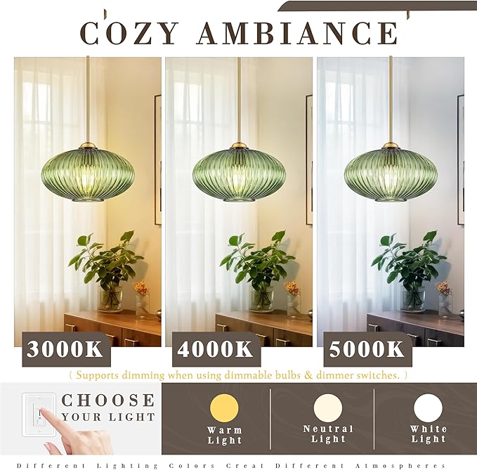 10" Green Glass Modern Pendant Light Kitchen Island 2 Pack Brushed Gold Mid Century Modern Pendant Lighting with Clear Green Glass Hanging Pendant Light for Dining Room（Bulb Incl.）