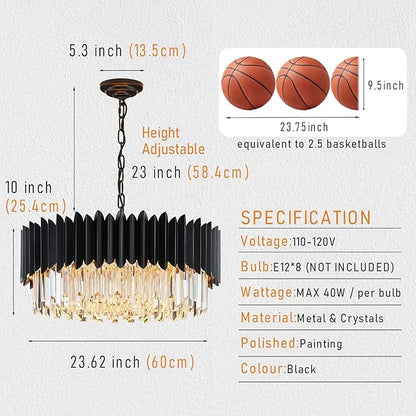 Black Crystal Chandelier 23.62'' K9 Crystal Round Pendant Lights Adjustable 5-Tier Large Modern Crystal Chandelier for Dining Room Living Room Kitchen Island Bedroom Foyer Entryway