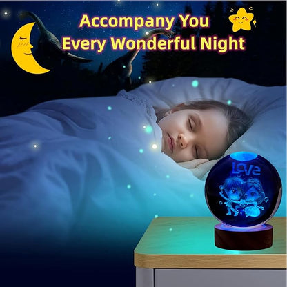 Love Crystal Ball lamp,3D 3.15 inch K9 Couple Night Light with Wooden Base,16 Colors Change with Remote Control,Sweetheart Crystal Gift for Girlfriend,Valentine's Day Christmas Gift (F)