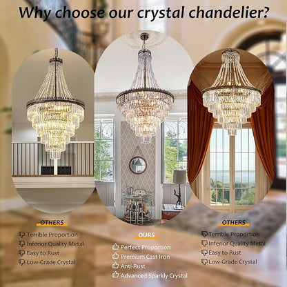 TOCHIC French Empire Crystal Chandelier Modern Farmhouse Chandelier Ceiling Light for Foyer Entryway High Ceiling, Vintage Antique Bronze Chandelier Light Fixture for Dining Living Room 28" W x 48" H
