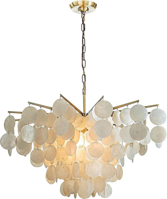 ALOADECOR 6-Light 30" Cone Shape 5-Tier Coastal Capiz Shells Chandelier with Antique Gold Metal Farmhouse Natural Seashell for Dining Room Living Room