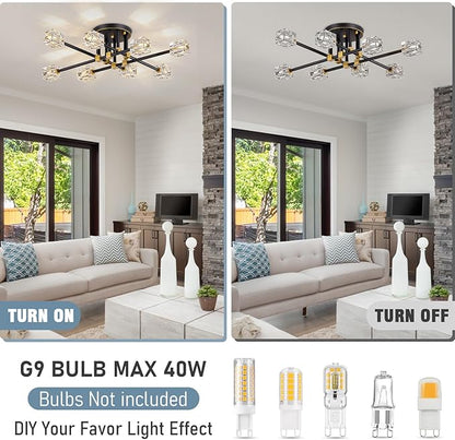 Modern Crystal Ceiling Light Fixture,Semi Flush Mount Ceiling Light with 8-Lights,Farmhouse Black and Gold Sputnik Chandeliers for Bedroom,Dining Room,Kitchen,Entrway,Foyer,Hallway