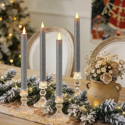 LED Flameless Taper Candles with Remote Control,Set of 2, Silver Glitter Finish, Crystal Glass Candlestick Holders, Timer Function (Silver LED)
