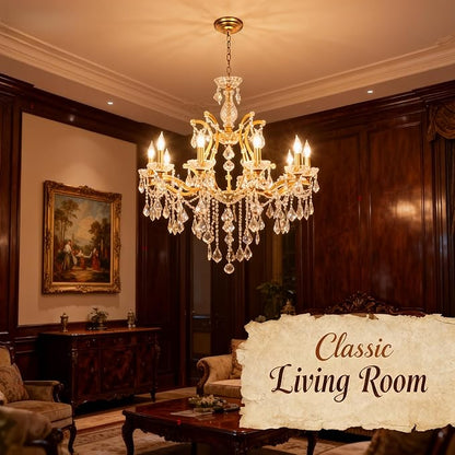 Polished Golden Bronze Chandelier, 10-Light Antique Gold Candle Pendant Ceiling Light Fixture with K9 Crystals for Dining and Living Room, Foyer, Kitchen Island, Hallway