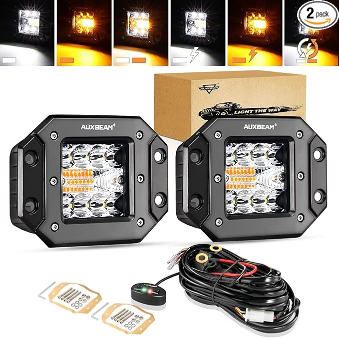 Auxbeam 5Inch LED Pod Lights, 72W Flush Mount Driving Strobe Bumper Fog Pods, 6 Modes White Amber Flashing Offroad Spot Flood Combo Light Bar with Memory Function (2 Packs)