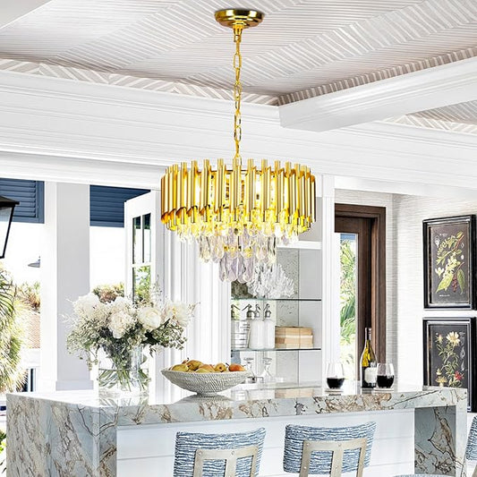 FRIXCHUR Gold Crystal Chandelier, 15.7" 3-Tier Raindrop Pendant Light, 5-Light E12 Modern Adjustable Ceiling Fixture for Dining Room Living Room Kitchen Island Foyer