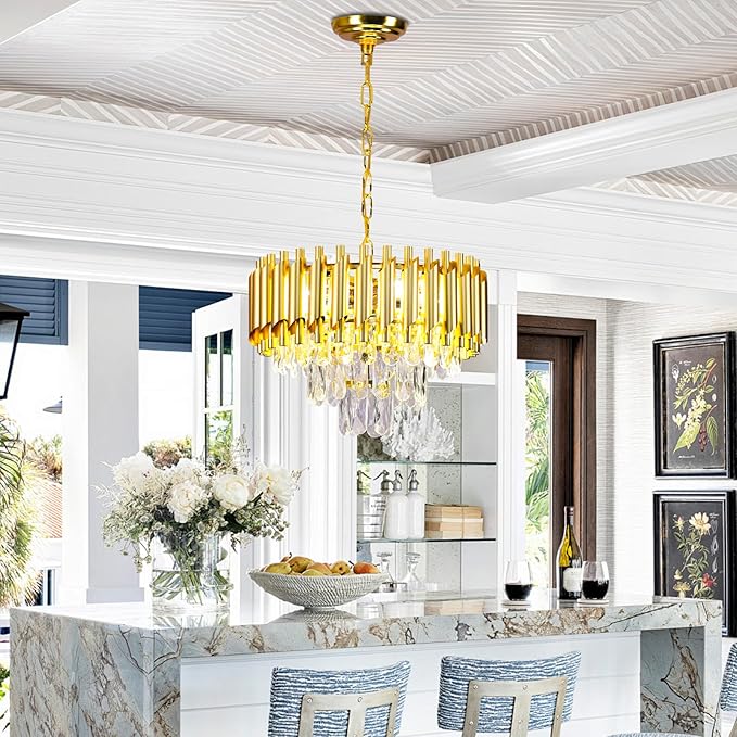 FRIXCHUR 16-Inch Modern Gold Crystal Chandelier, Ceiling Light Fixture, Adjustable Pendant Light – Suitable for Dining Room, Foyer, Kitchen and Bedroom
