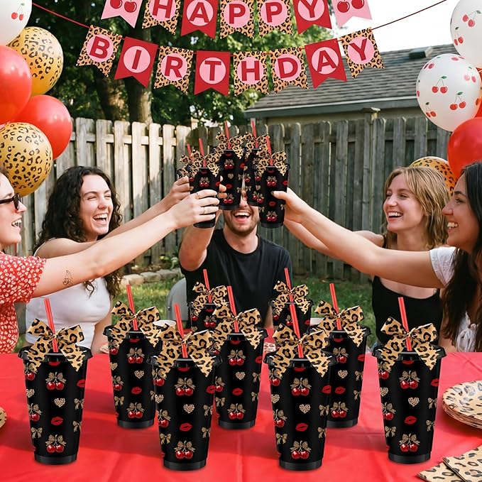 12 Sets Cherry Cheetah Print Party Supplies 24 oz Reusable Cherry Leopard Print Party Plastic Cup and Cheetah Bow Bulk Let's Get Wild Themed Drinking Cup for Birthday Baby Shower Decoration