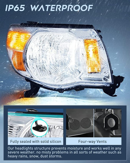 Nilight Headlight Assembly for 2005 2006 2007 2008 2009 2010 2011 Toyota Tacoma Replacement Headlamp Chrome Housing Amber Reflector