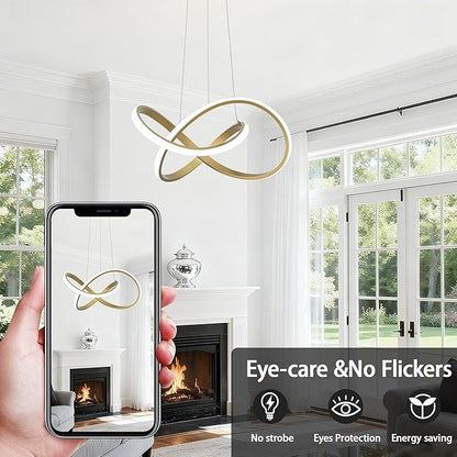 MAYNA LED Chandelier with Remote Control, 3-Color Modern Dimmable LED Pendant Light Fixtures, Height Adjustable Kitchen Light Fixtures for Dining Room Kitchen Entryway Living Room, Gold 25.6 inch
