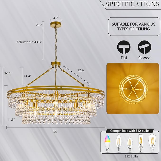 Wellmet 12 Light Large Crystal Chandelier, 38in Brass Gold Round Modern Luxury Raindrop Ceiling Light for Dining Room, Living Room， Bedroom, Kitchen, Entryway, Hallway, Staircase, Foyer
