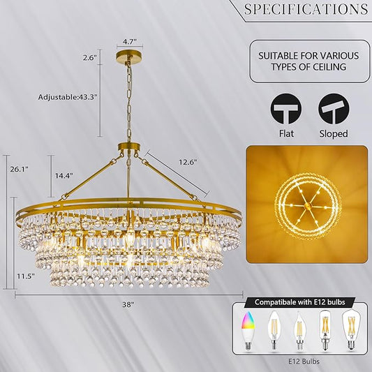 Wellmet 12 Light Large Crystal Chandelier, 38in Brass Gold Round Modern Luxury Raindrop Ceiling Light for Dining Room, Living Room， Bedroom, Kitchen, Entryway, Hallway, Staircase, Foyer
