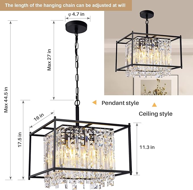 Modern Black Crystal Chandeliers, 16" Dining Room Chandelier, Adjustable Height,Luxury Ceiling Pendant Light Fixture for Entryway Foyer Kitchen Island Bedroom Living Room Hallway