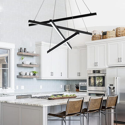Modern Led Chandelier, High Ceiling Chandelier, Linear Chandelier 4 Lights Black Dimmable Large Pendant Light 51.8“ for Living Room Staircase Entry Foyer Lobby Office Duplex