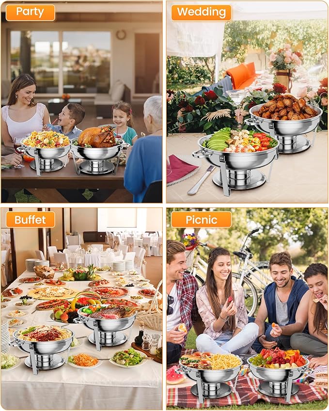 5QT 6 Packs Chafing Dish Buffet Set, Round Stainless Steel Chafers and Warmers Food Servers Sets with Lid & Lid Holder, Spoon & Tweezer for Catering Events Parties Weddings Dinners,Silver
