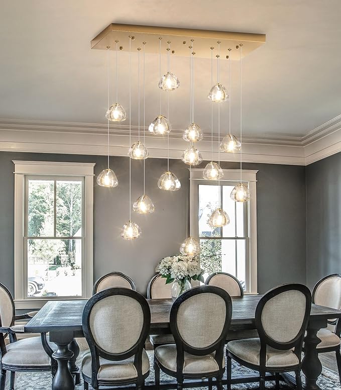 HAIXIANG W27.6 x D11.8 x H118 Rectangular Glam Chandelier Bubble Crystal Ceiling Pendant Lights Dimmable High Ceiling Chandeliers Fixtures Adjustable Long Lights Antique Gold