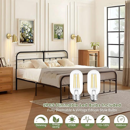 Lomoky Dimmable Wall Sconces Plug in, Adjustable Angle Wall Lamps with Plug in Cord and Dimmer On/Off Knob Switch, Gold Wall Light with Metal Shade for Bedroom Bedside Doorway (2 Bulbs Included)