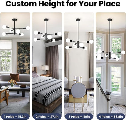 RUIYEY Modern Sputnik Chandeliers Light, 6-Light Black Chandeliers for Dining Room, Height Adjustable Ceiling Lights Farmhouse Chandelier for Kitchen Island Living Room Bedroom Visit The Store