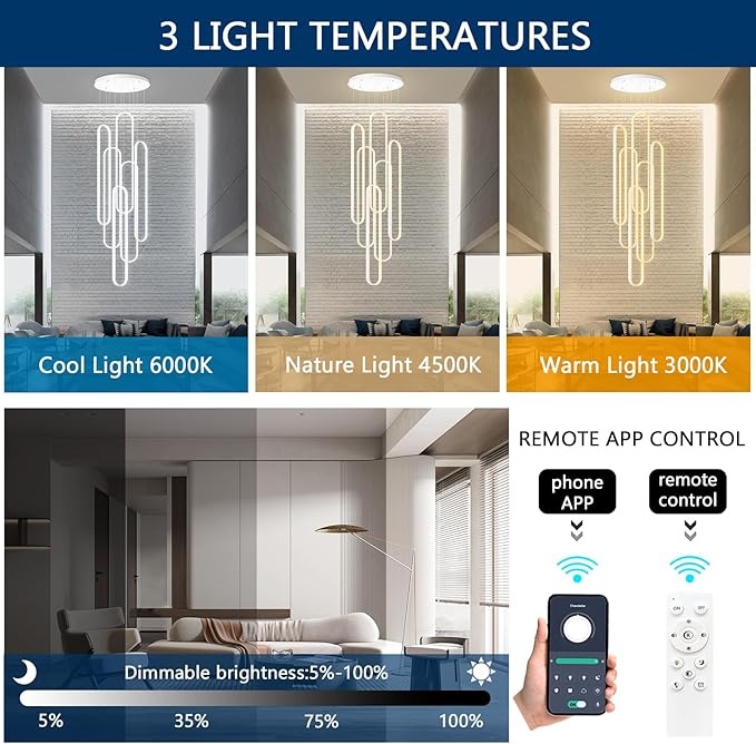 Modern Chandelier LED Large Contemporary Light for Staircase Dimmable Ceiling Chandeliers with Remote Control for Villa Foyer White