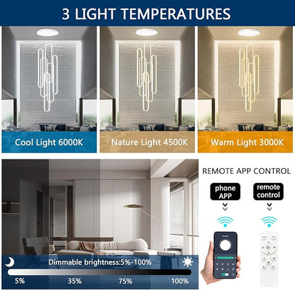 Modern Chandelier LED Large Contemporary Light for Staircase Dimmable Ceiling Chandeliers with Remote Control for Villa Foyer White