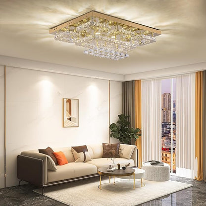 32 inch Flush Mount Chandelier Crystal Ceiling Light with Remote Control/APP, 3CCT Dimmable&Brightness Adjustable, Modern Crystal Raindrop Gold Chandeliers for Bedroom Hallway Dinning Room Living Room