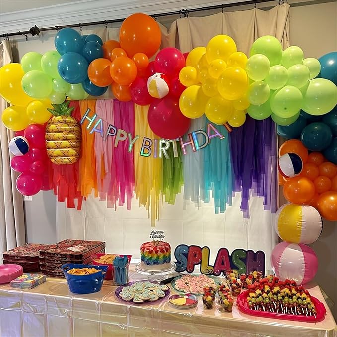141 Pcs Rainbow Neon Balloon Arch Kit, Hot Pink Lime Green Orange Slate Blue Yellow Latex Hawaii Summer Tropical Balloon Garland for Hawaiian Luau Aloha Birthday Baby Shower Pool Party Decorations