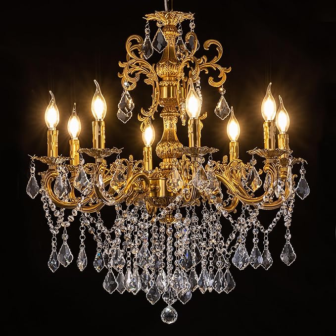 Wellmet Crystal Chandeliers Vintage Antique Bronze Chandelier 8 Lights Candle Pendant Ceiling Light Fixture for Dining Room Living Room Kitchen Bedroom Hallway Entryway Dia 28"