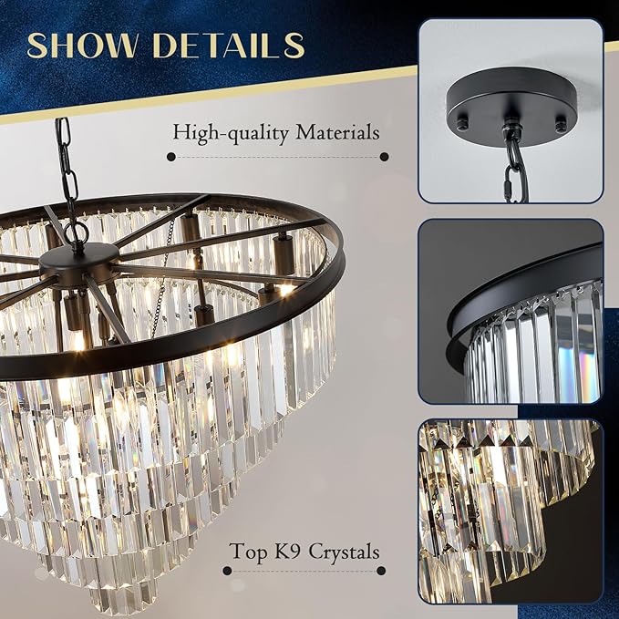 30" Black Crystal Chandelier Large Round Chandeliers Modern 16 Lights 5-Tier Luxury K9 Crystal Ceiling Pendant Lighting Fixture for Foyer Staircase Living Room Dining Room