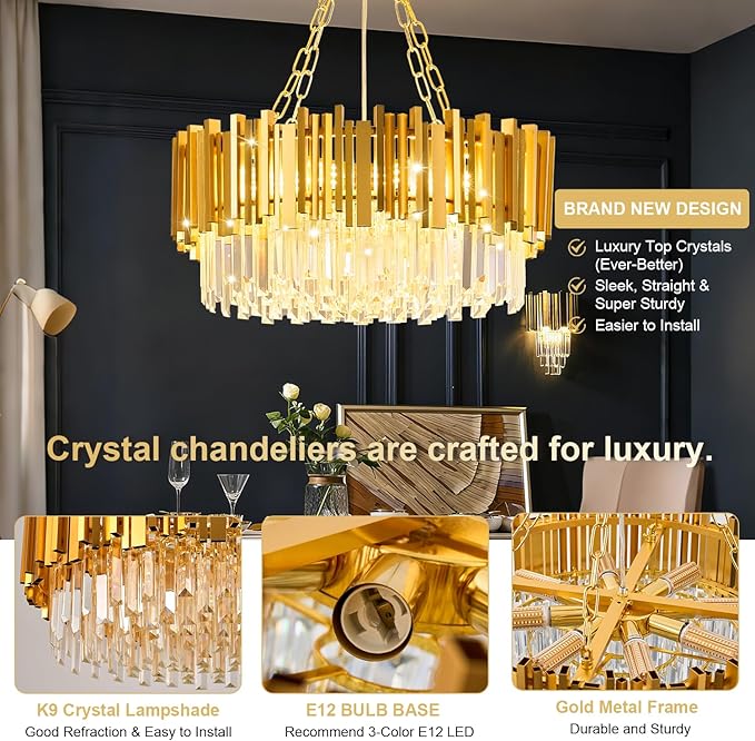 Modern Gold Crystal Chandelier 21.66" 8-Light 5-Tiers K9 Crystal Pendant Ceiling Light Fixture Luxury Round Raindrop Chandeliers for Dining Room Living Room Kitchen Island