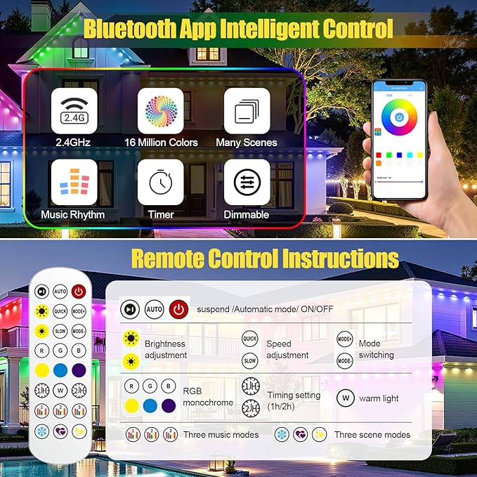 100ft Permanent Outdoor Lights, RGB+IC IP67 Waterproof Smart LED Lights with App/Remote for Daily, Christmas, New Year, Halloween, Holiday, Party Decor, Valentine's Day Christmas Lights Outdoor