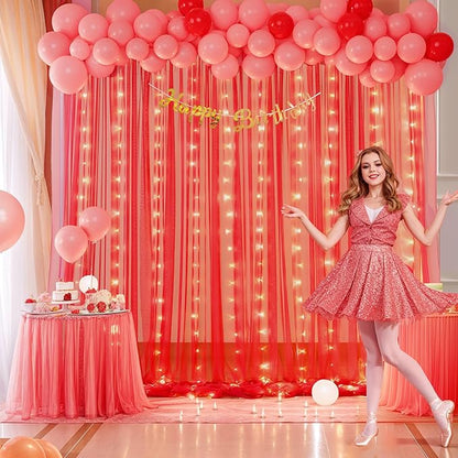 Red Tulle Backdrop Curtain with Lights String for Parites 10x10ft Wrinkle Free Sheer Backdrop Curtains for Birthday Party Bridal Shower Baby Shower Christmas Wall Photo Booth Background Decorations
